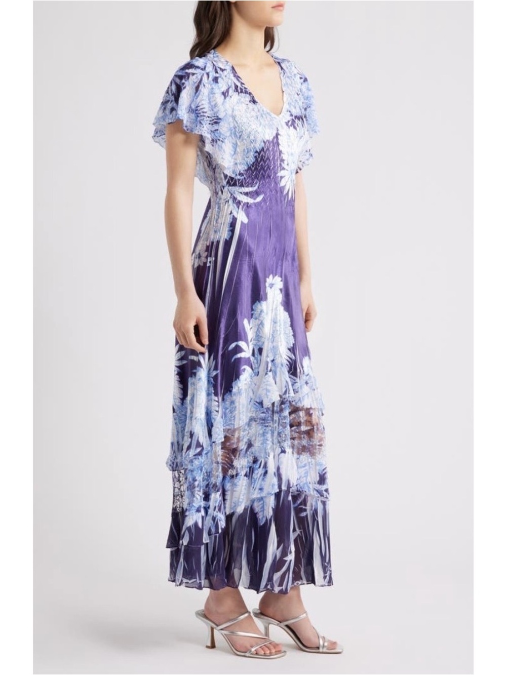 Komarov Size S Flutter Sleeve Charmeuse & Chiffon Maxi Cocktail Dress Lace Inset